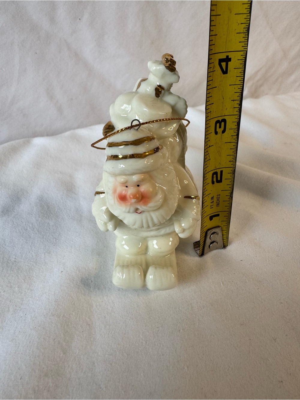Porcelain Santa Claus Hanging Figurine Ornament, Glazed White Gold Pink 4 in